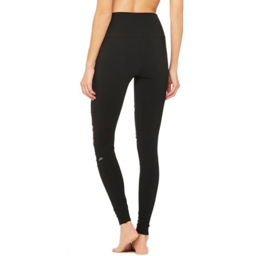 Alo High-Waist Extreme Ripped Warrior Leggings Black Edgy Hi-Rise Destroyed Pant - Picture 7 of 15
